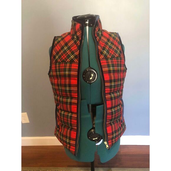 J.Crew Tartan Plaid Red and Green Mountain Puffer Velvet Trim Vest, PXS - Picture 2 of 5